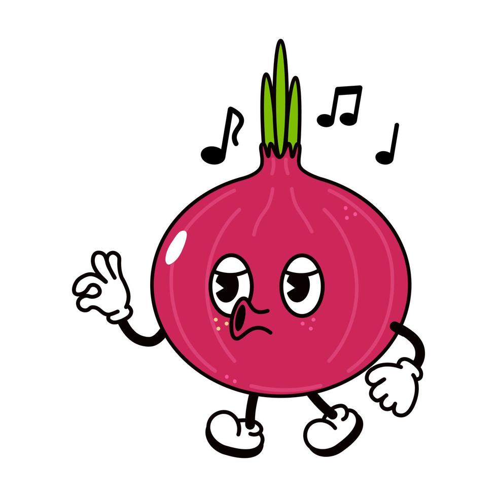 Cute funny red onion walking singing character. Vector hand drawn traditional cartoon vintage, retro, kawaii character illustration icon. Isolated on white background. Onion walk and sing character