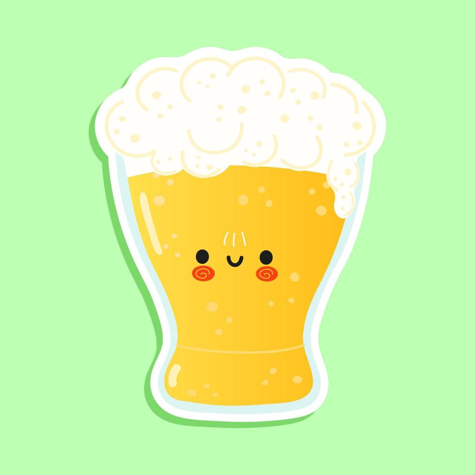 Cute funny glass of beer sticker character. Vector hand drawn cartoon kawaii character illustration icon. Isolated on blue background. Glass of beer character concept