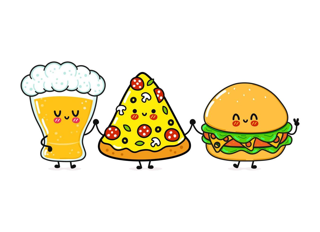 Cute, funny happy glass of beer, pizza and hamburger. Vector hand drawn cartoon kawaii characters, illustration icon. Funny cartoon glass of beer, pizza and hamburger mascot friends concept