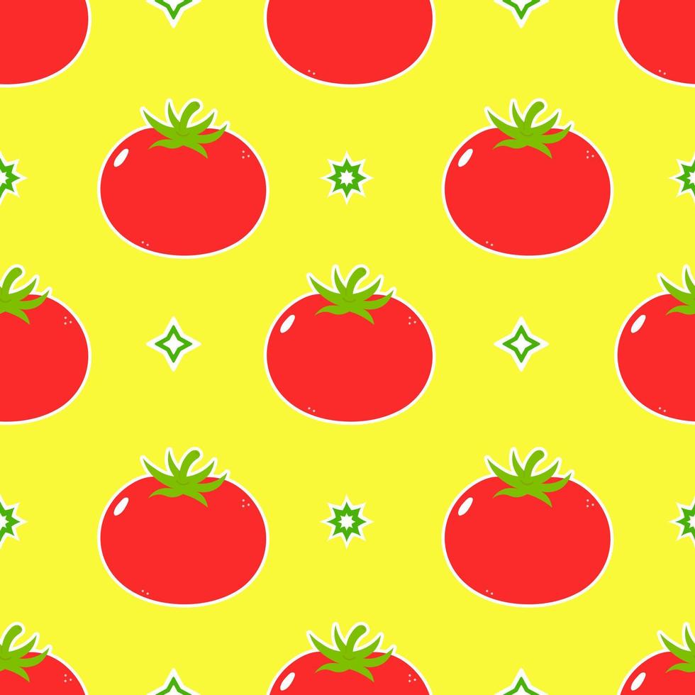 Cute funny tomato yellow pattern character. Vector hand drawn traditional cartoon vintage, retro, kawaii character illustration icon. Isolated on yellow background. Pattern tomato character concept