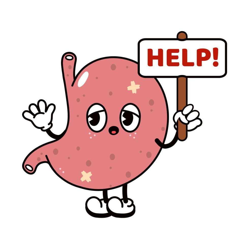 Sad suffering sick cute human stomach organ asks for help character. Vector flat cartoon illustration icon design. Isolated on white backgound. Suffering unhealthy stomach character concept