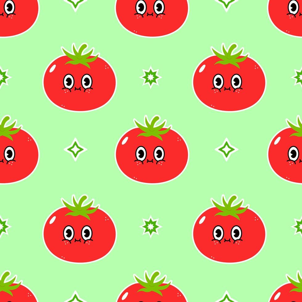 Cute funny tomato green pattern character. Vector hand drawn traditional cartoon vintage, retro, kawaii character illustration icon. Isolated on white background. Pattern tomato character concept