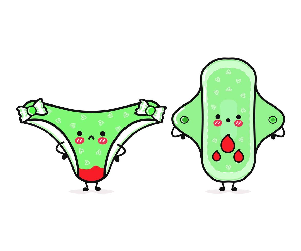 Cute, funny happy green panties and menstrual pad with blood. Vector hand drawn cartoon kawaii characters, illustration icon. Funny happy cartoon green panties and menstrual pad mascot friends