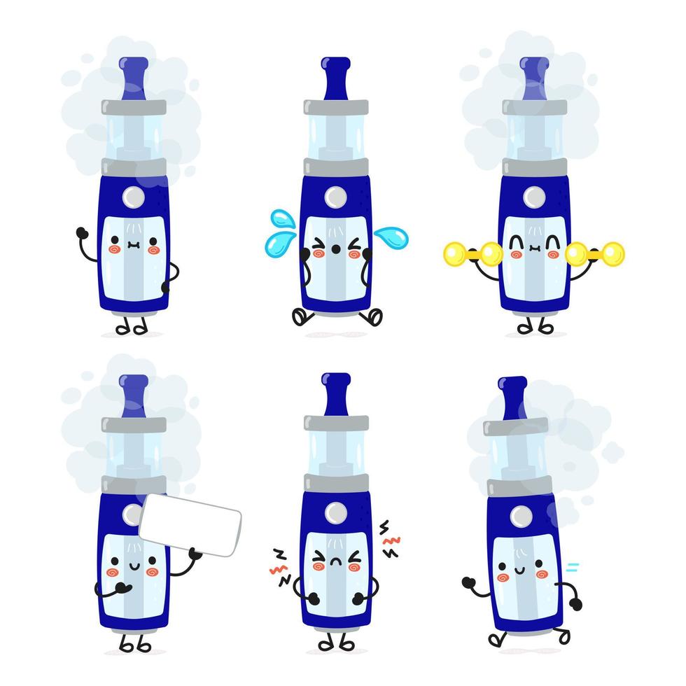 Funny cute happy vape characters bundle set. Vector hand drawn doodle style cartoon character illustration icon design. Cute vape mascot character collection