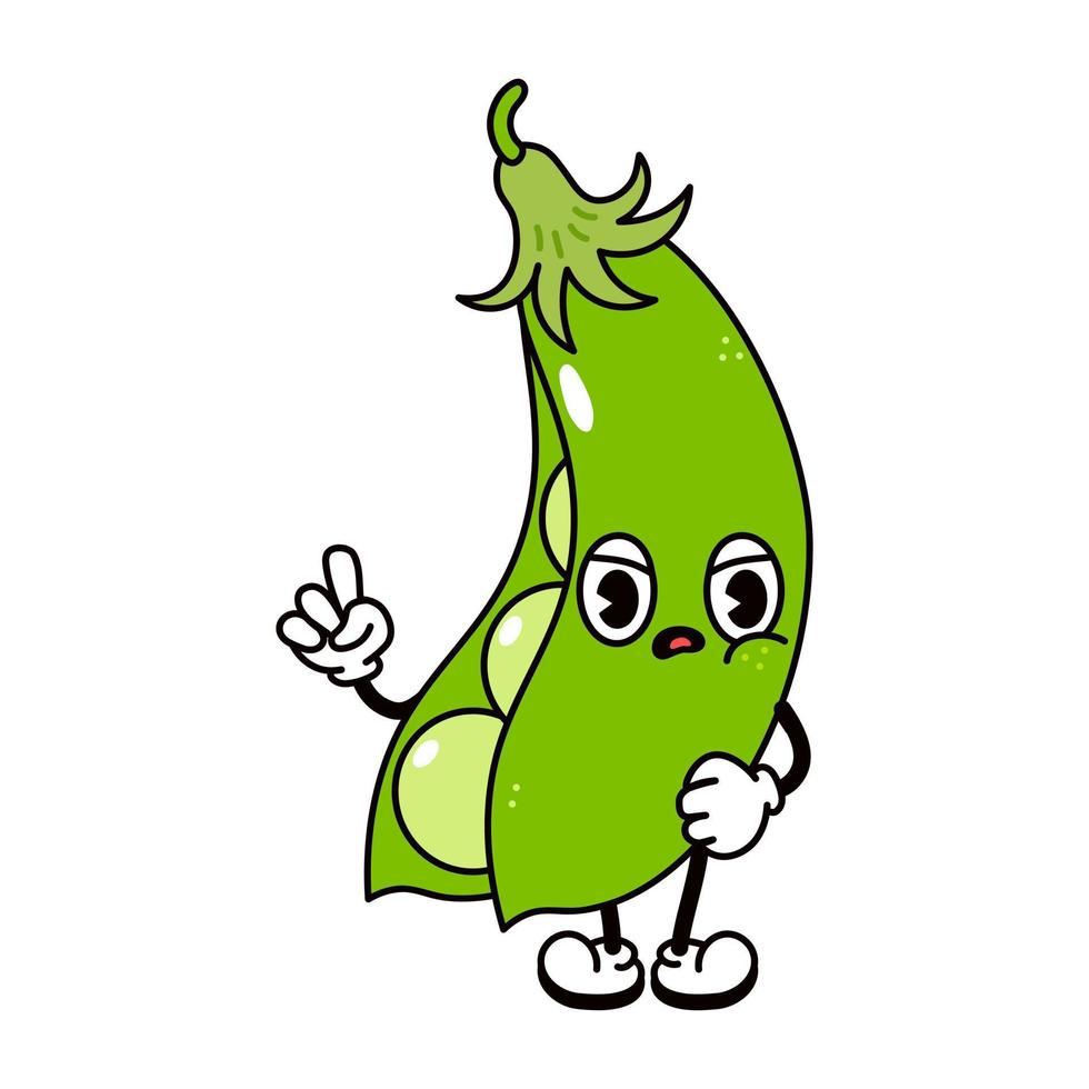 Cute angry sad peas character. Vector hand drawn traditional cartoon vintage, retro, kawaii character illustration icon. Isolated on white background. Angry peas pod character concept