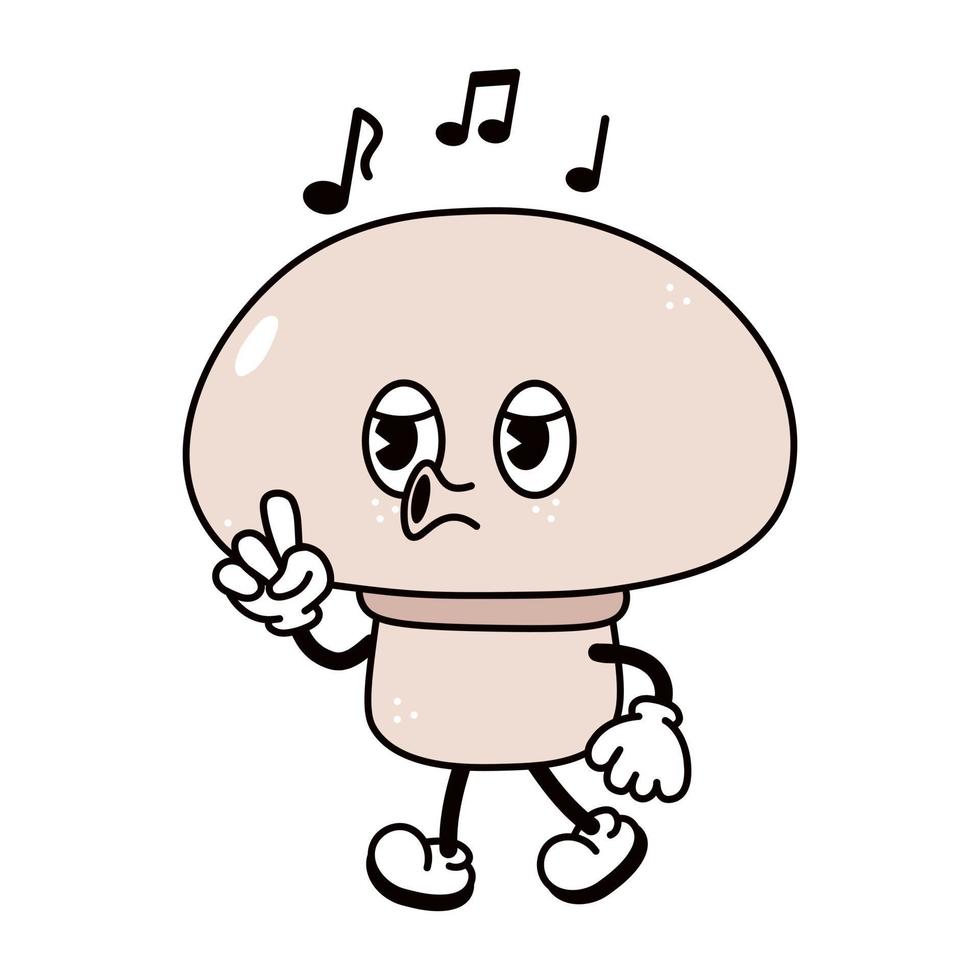 lindo y divertido personaje de canto caminando de hongos. vector dibujado a mano dibujos animados tradicionales vintage, retro, icono de ilustración de carácter kawaii. aislado sobre fondo blanco. paseo de setas y personaje de canto