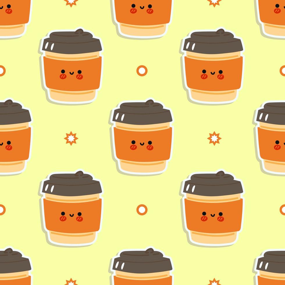 Funny cute happy coffee paper cup pattern characters. Vector kawaii line cartoon style illustration. Cute coffee paper cup pattern