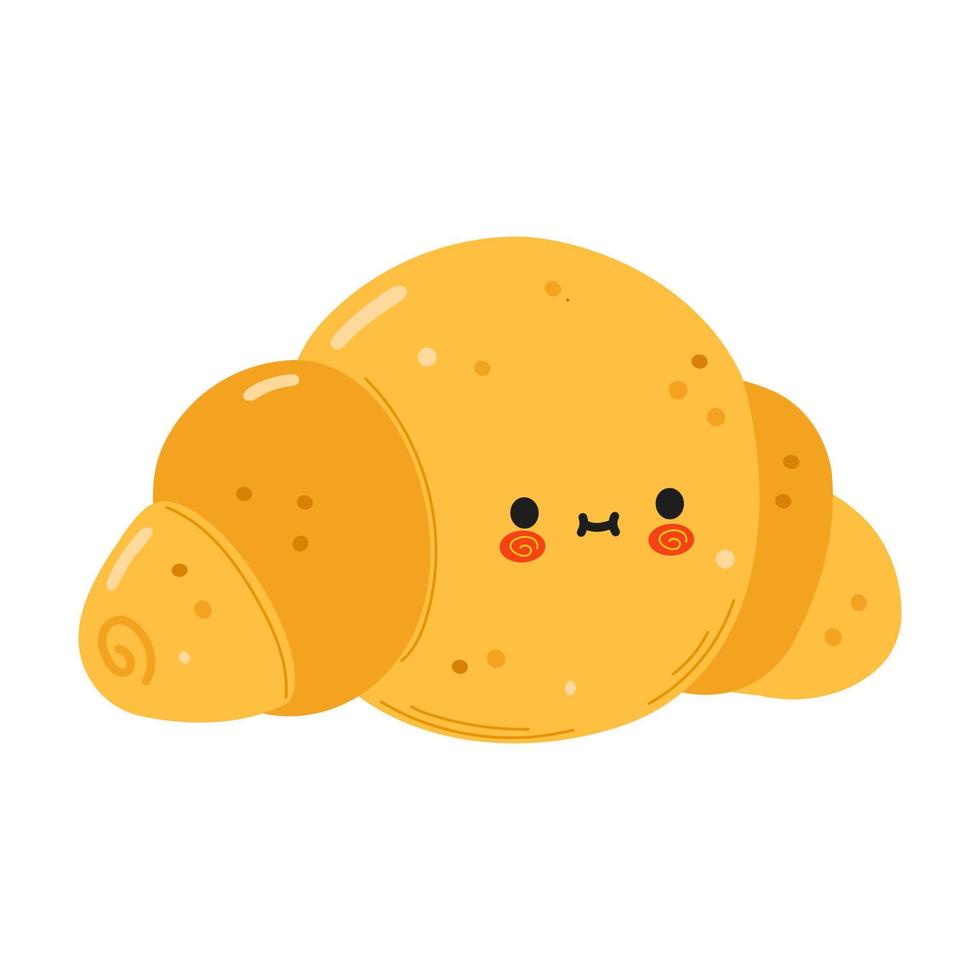 lindo personaje de croissant divertido. icono de ilustración de personaje kawaii de dibujos animados dibujados a mano vectorial. aislado sobre fondo blanco. concepto de personaje de croissant vector