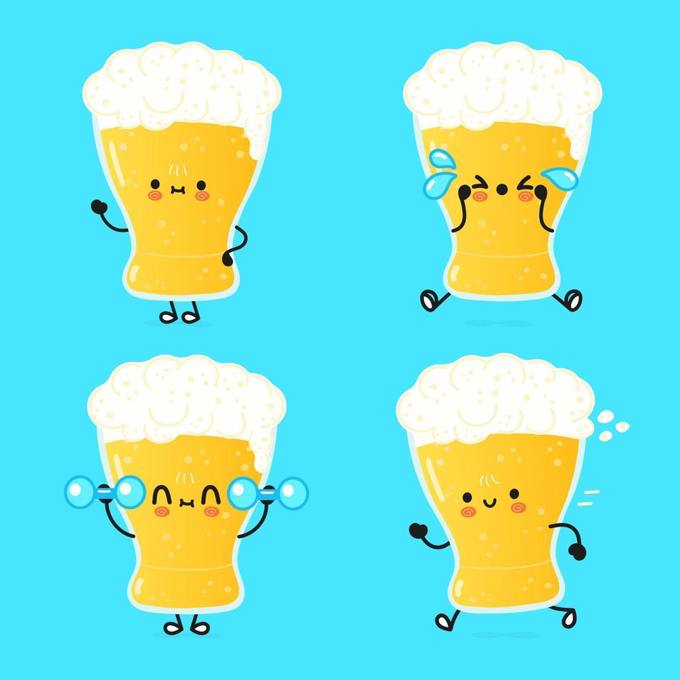 Funny cute happy glass of beer characters bundle set. Vector hand drawn doodle style cartoon character illustration icon design. Cute glass of beer mascot character collection