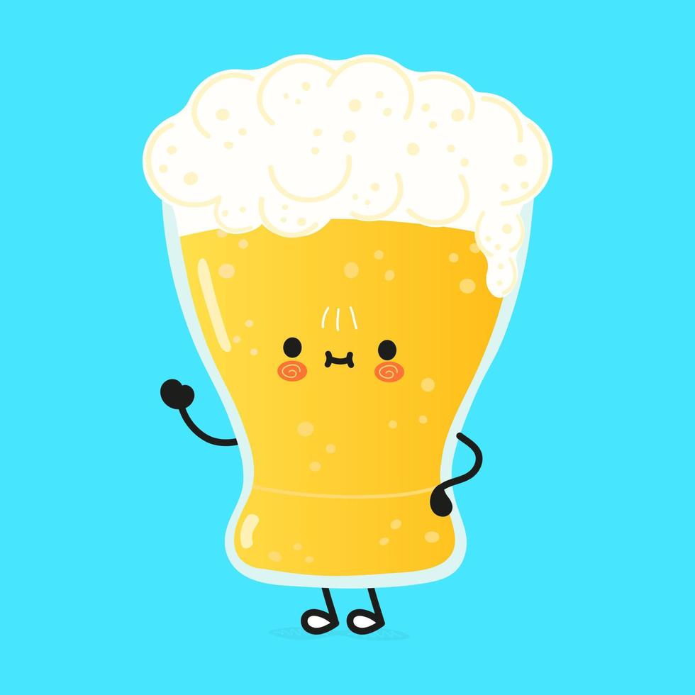 Cute funny glass of beer waving hand character. Vector hand drawn cartoon kawaii character illustration icon. Isolated on blue background. Glass of beer character concept