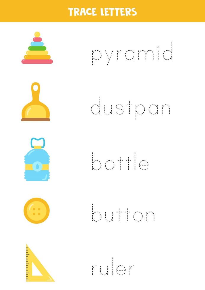 Trace words. Educational game for kids. Plastic objects. vector