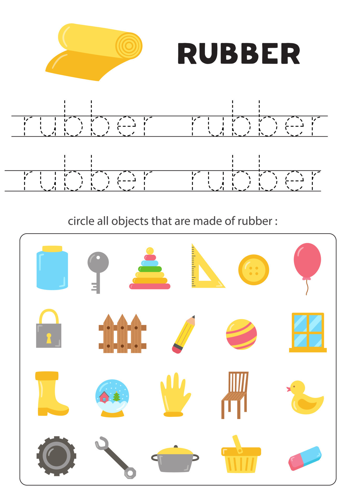 What is made of rubber. Circle all rubber objects. Education worksheet