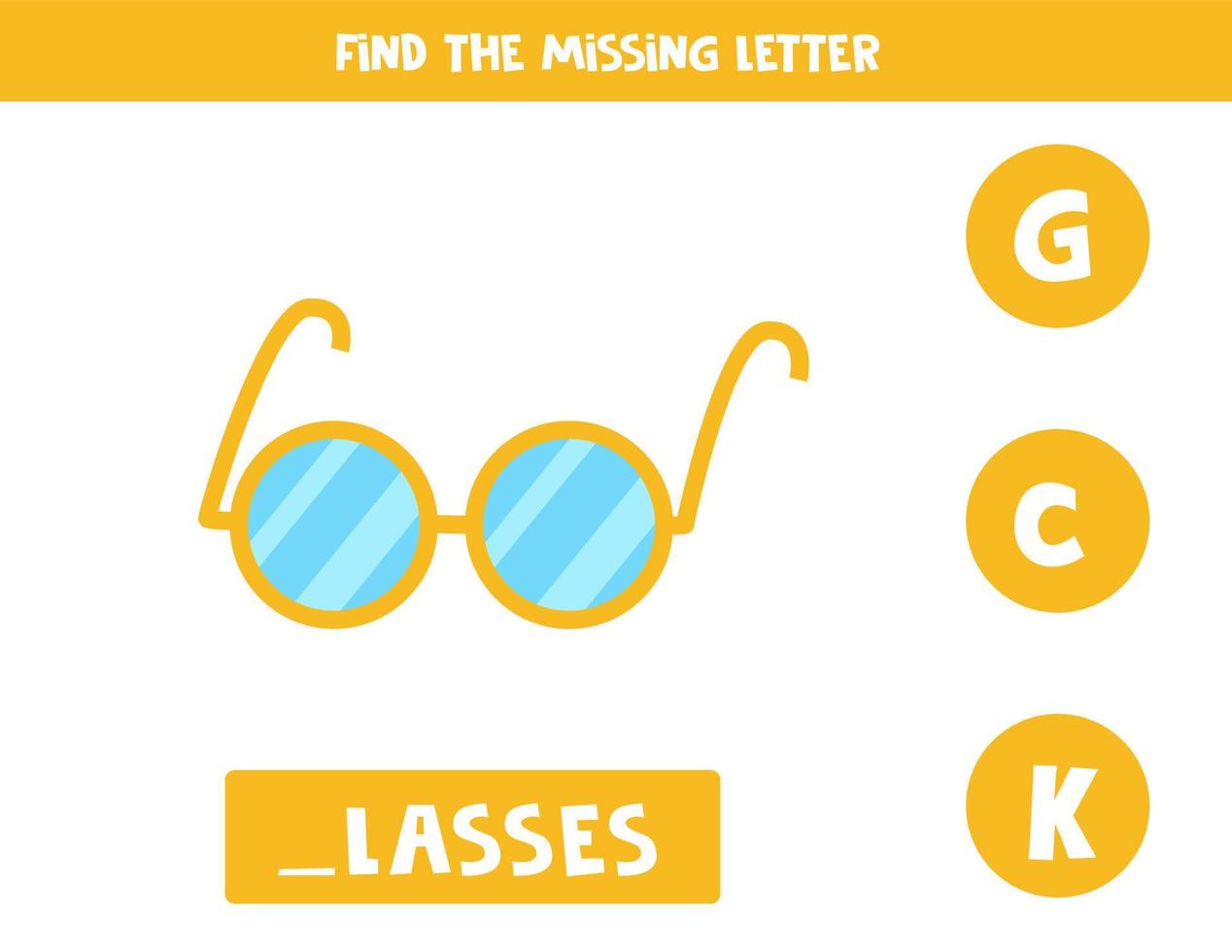 Find missing letter with cartoon glasses. Spelling worksheet. vector