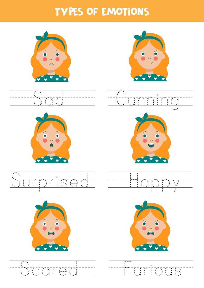 Tracing names of emotions types. Writing practice. vector