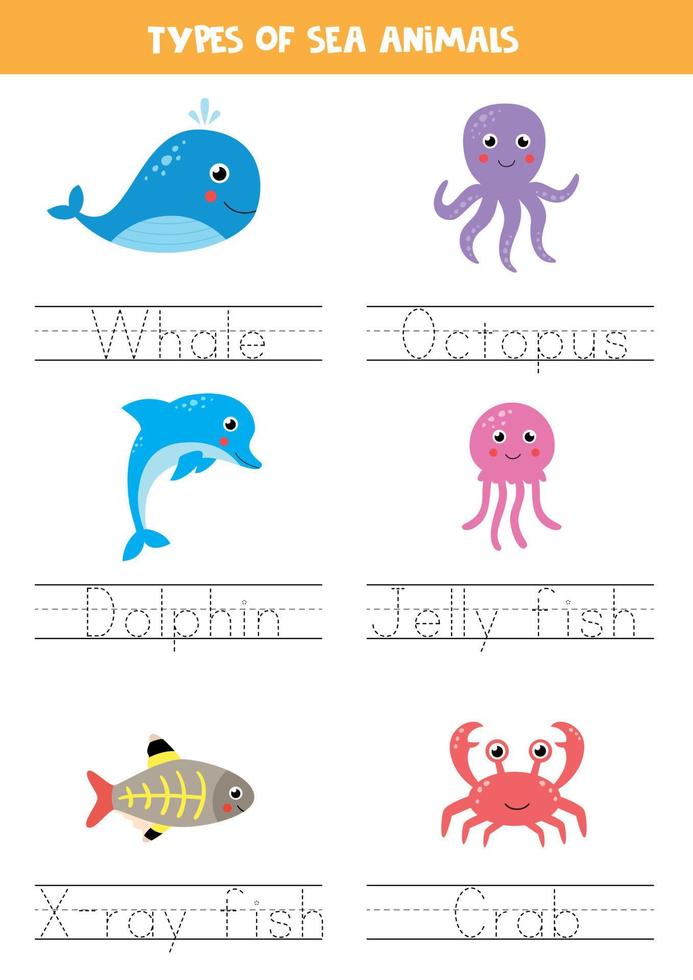 rastrear nombres de tipos de animales marinos. Practica de la escritura. vector