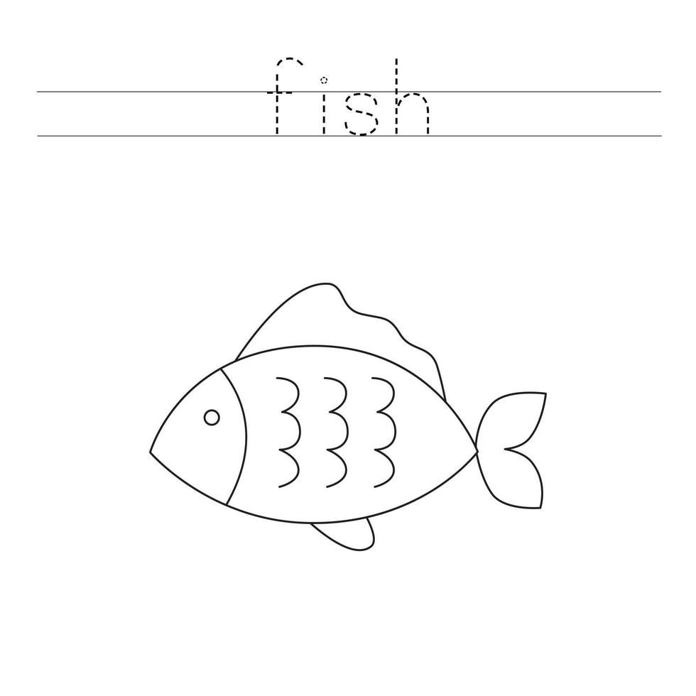 Trace the letters and color cartoon fish. Handwriting practice for kids. vector