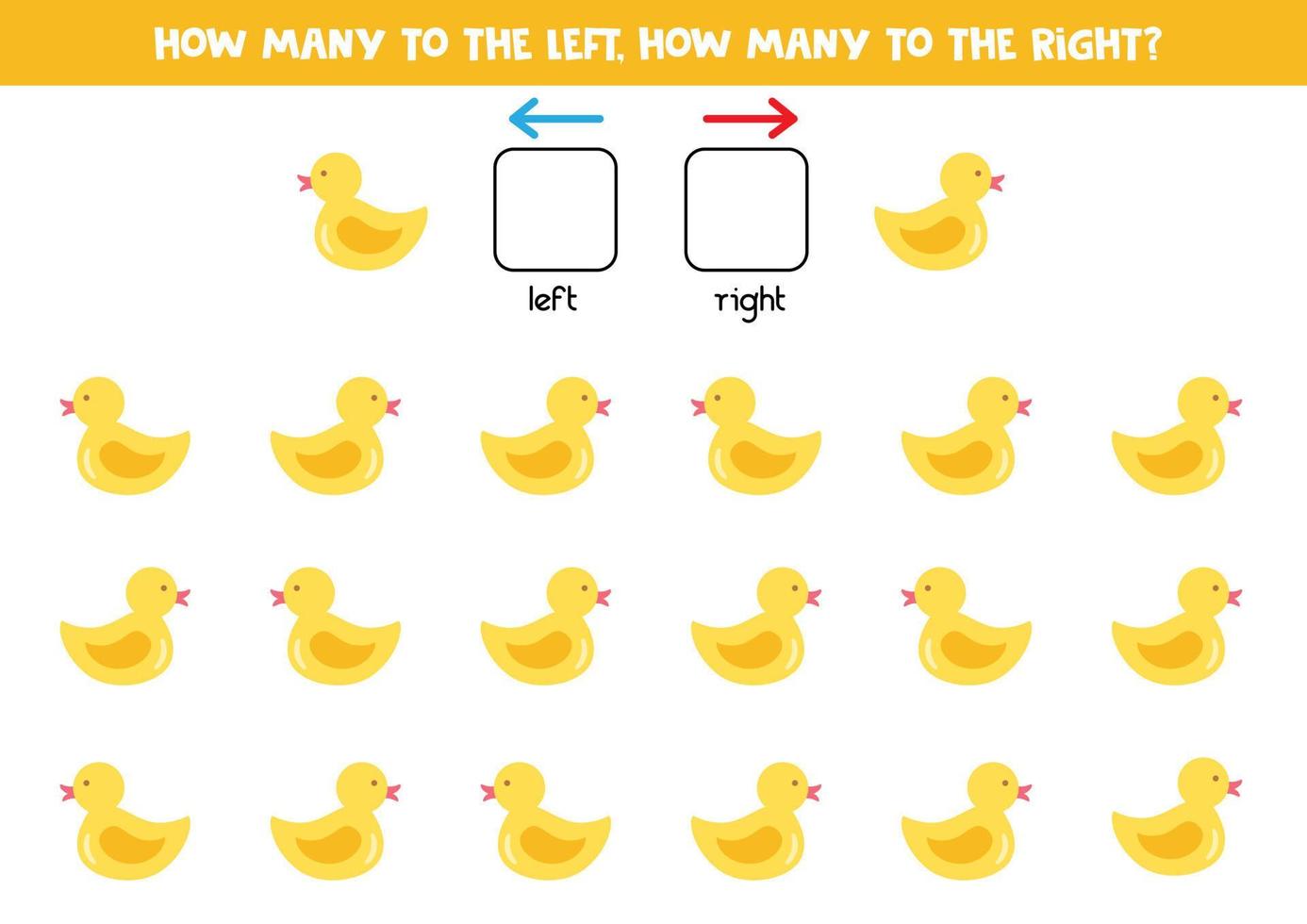 Left or right with cute rubber duckling. Logical worksheet for preschoolers. vector