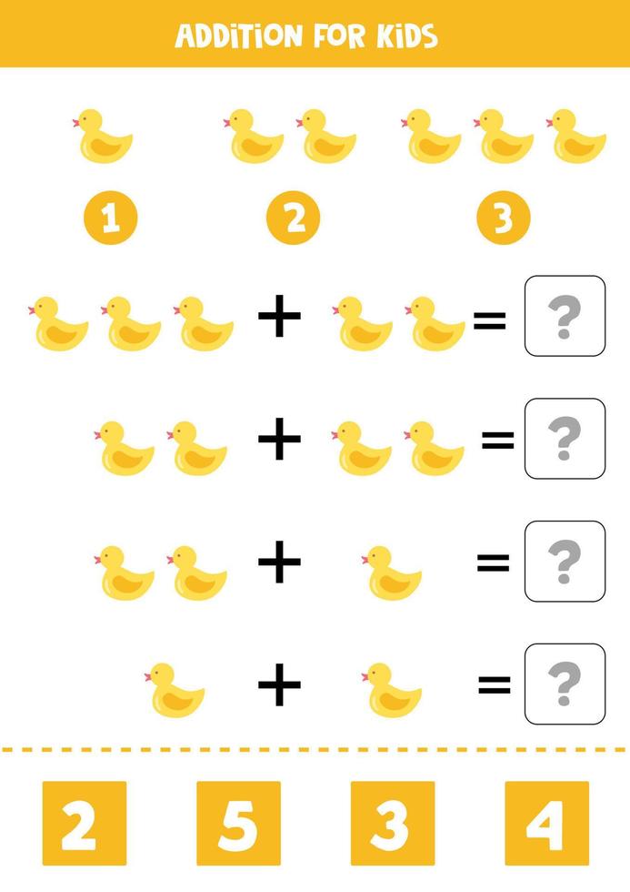 Addition for kids with cute rubber duckling. vector