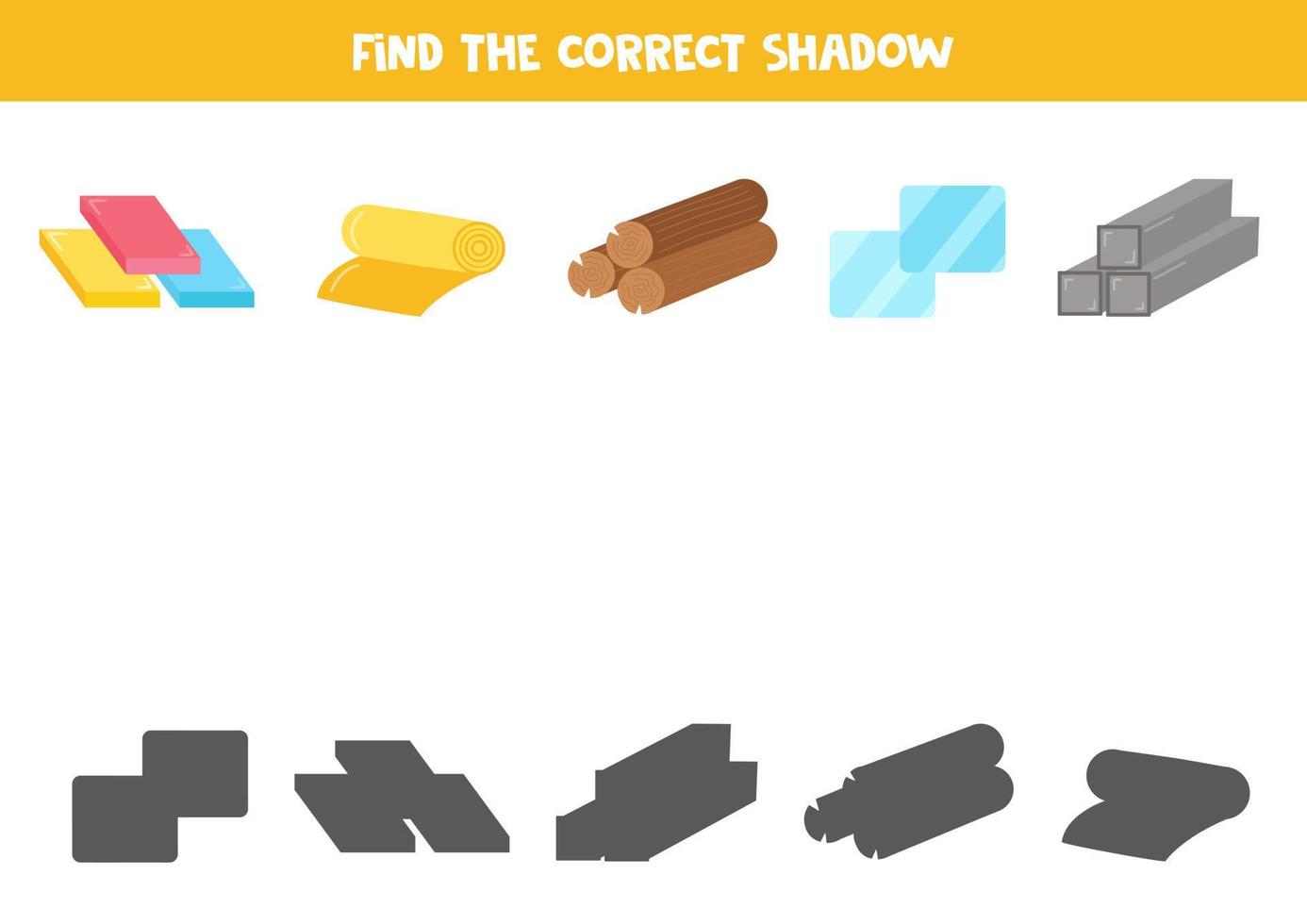 encontrar las sombras correctas de los materiales de producción. rompecabezas lógico para niños. vector