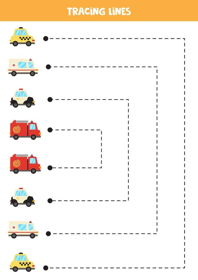 Tracing lines for kids. Cute colorful cars. Writing practice. vector