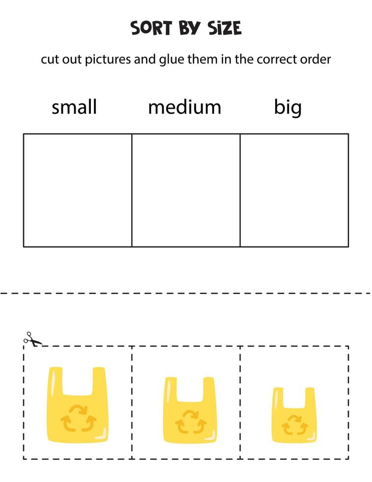 Sort pictures by size. Educational worksheet for kids. vector