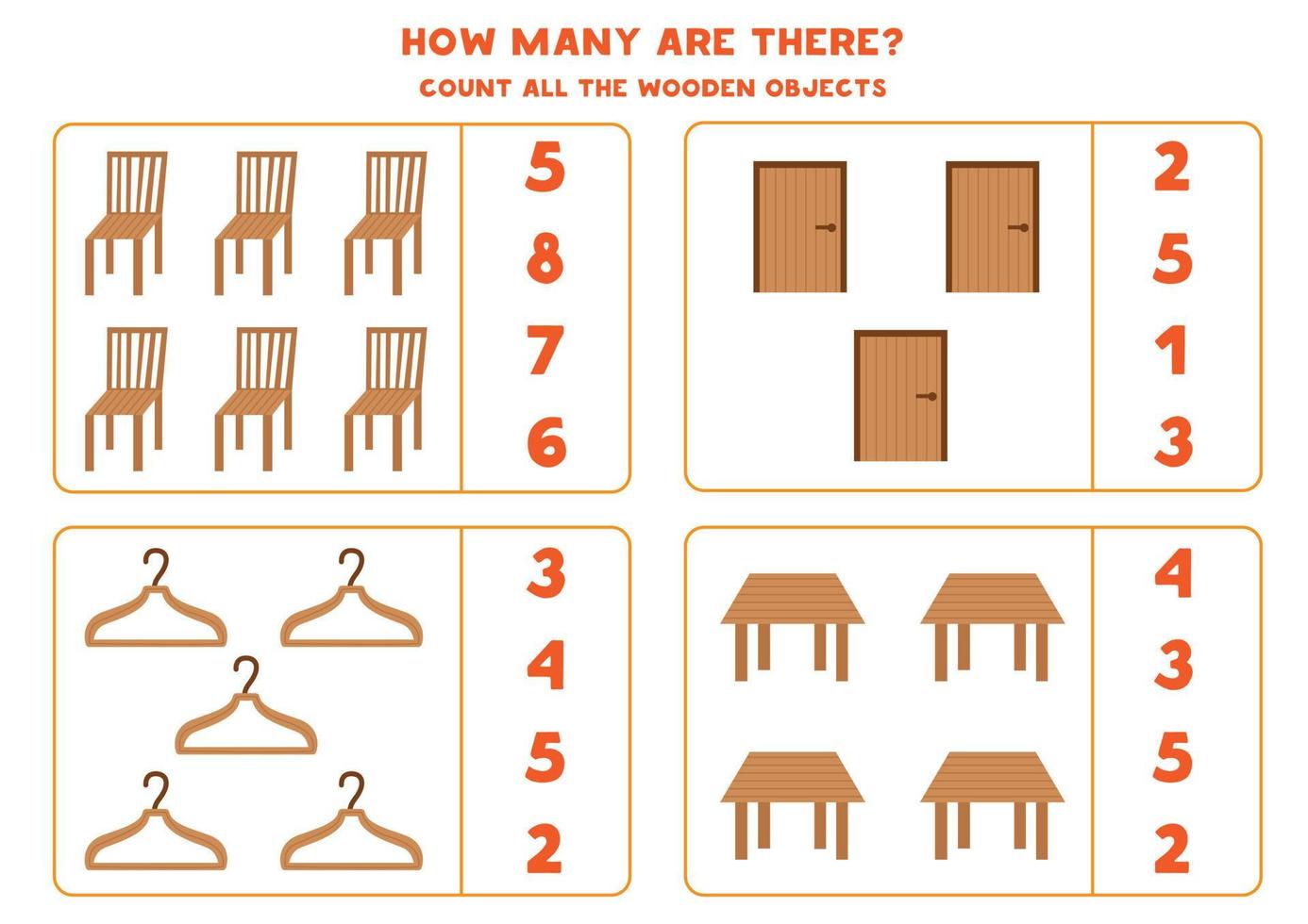 Counting game with cartoon wooden objects. Educational worksheet. vector