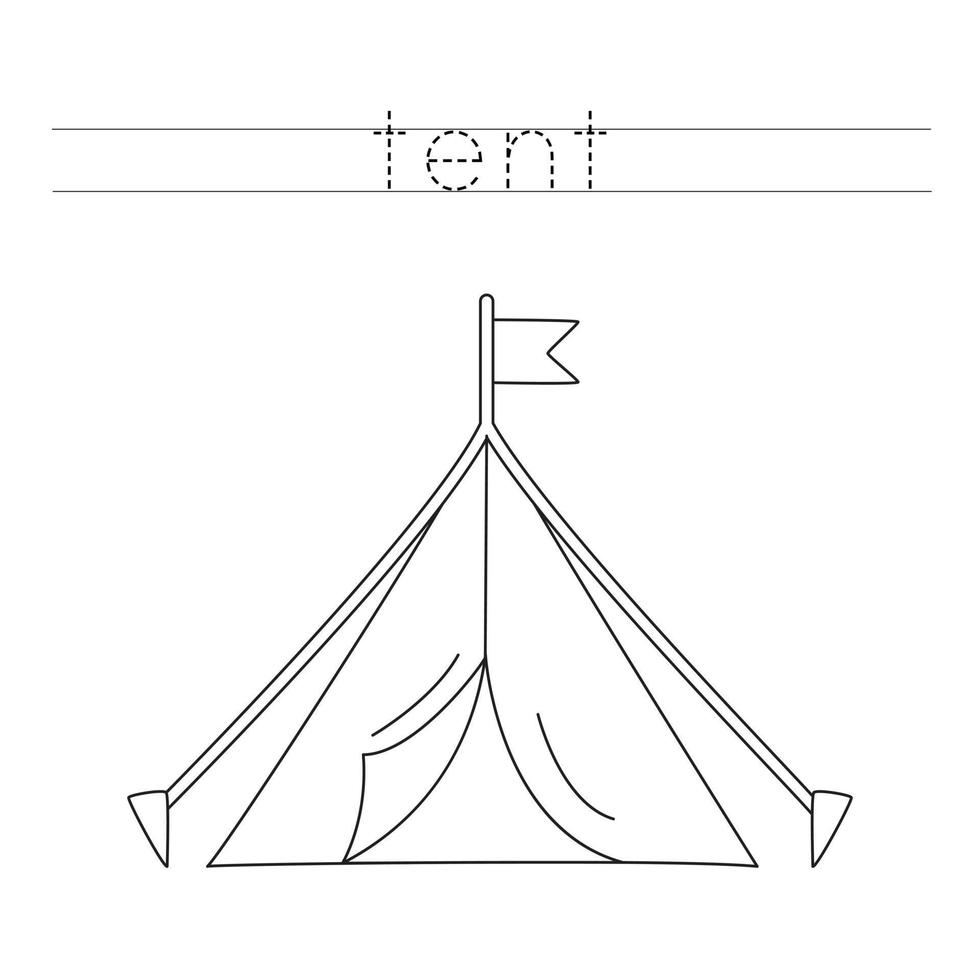 Trace the letters and color cartoon tent. Handwriting practice for kids. vector