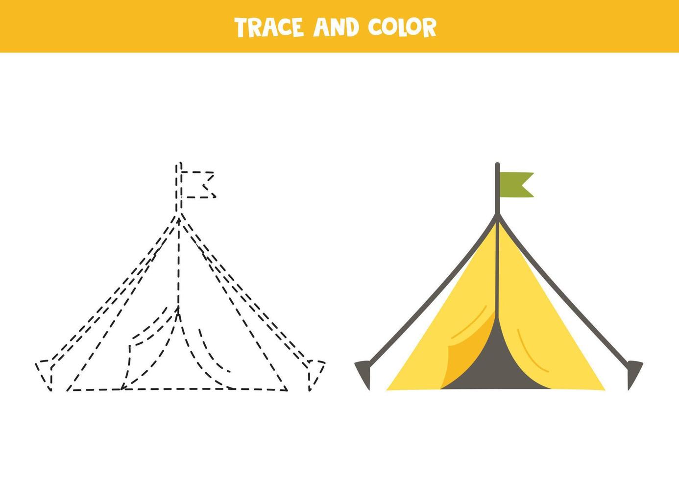 Trace and color cartoon tent. Worksheet for children. vector