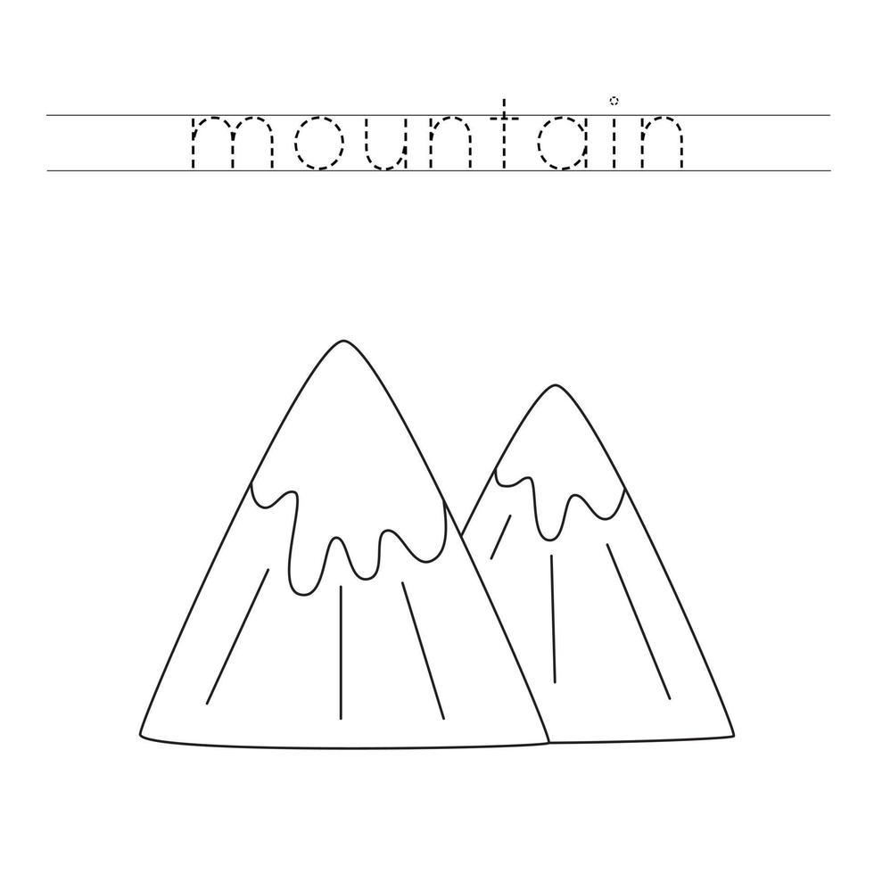 Trace the letters and color mountain. Handwriting practice for kids. vector