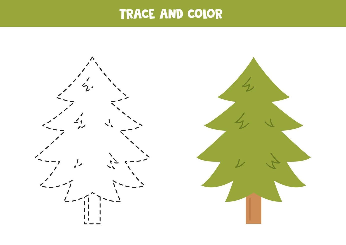 Trace and color cartoon fir tree. Worksheet for children. vector