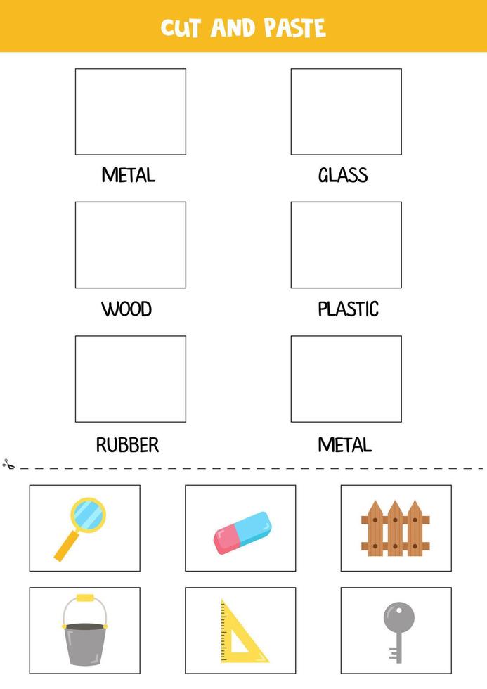 Cut pictures and paste them into right boxes. Worksheet for kids. vector