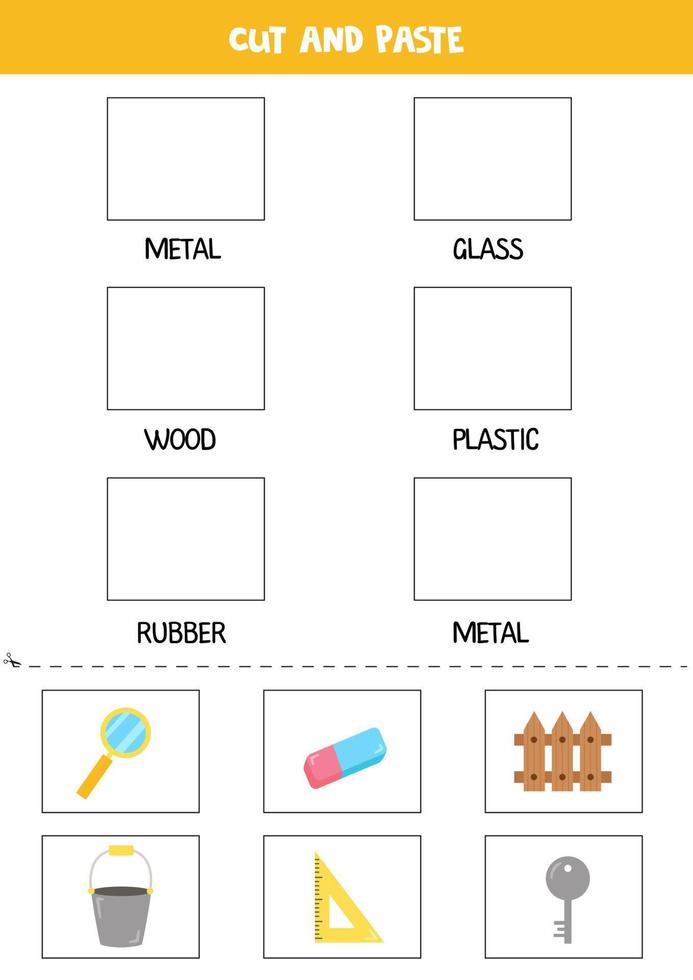 Corta imágenes y pégalas en los cuadros correctos. hoja de trabajo para niños. vector