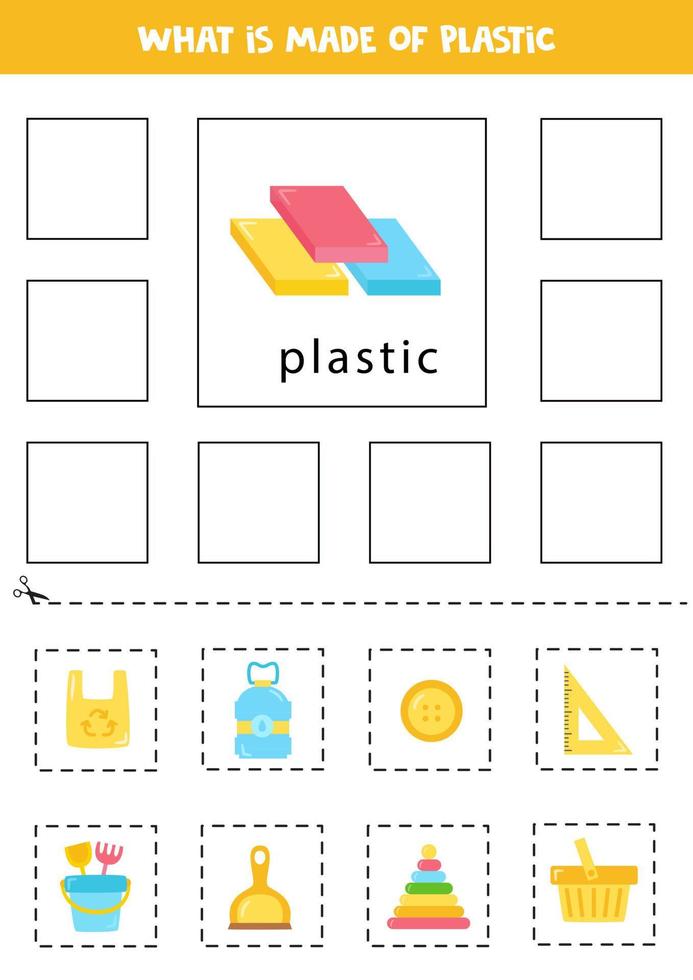 lo que está hecho de plástico. Aprendiendo materiales. tarjetas educativas. corta y pega. vector