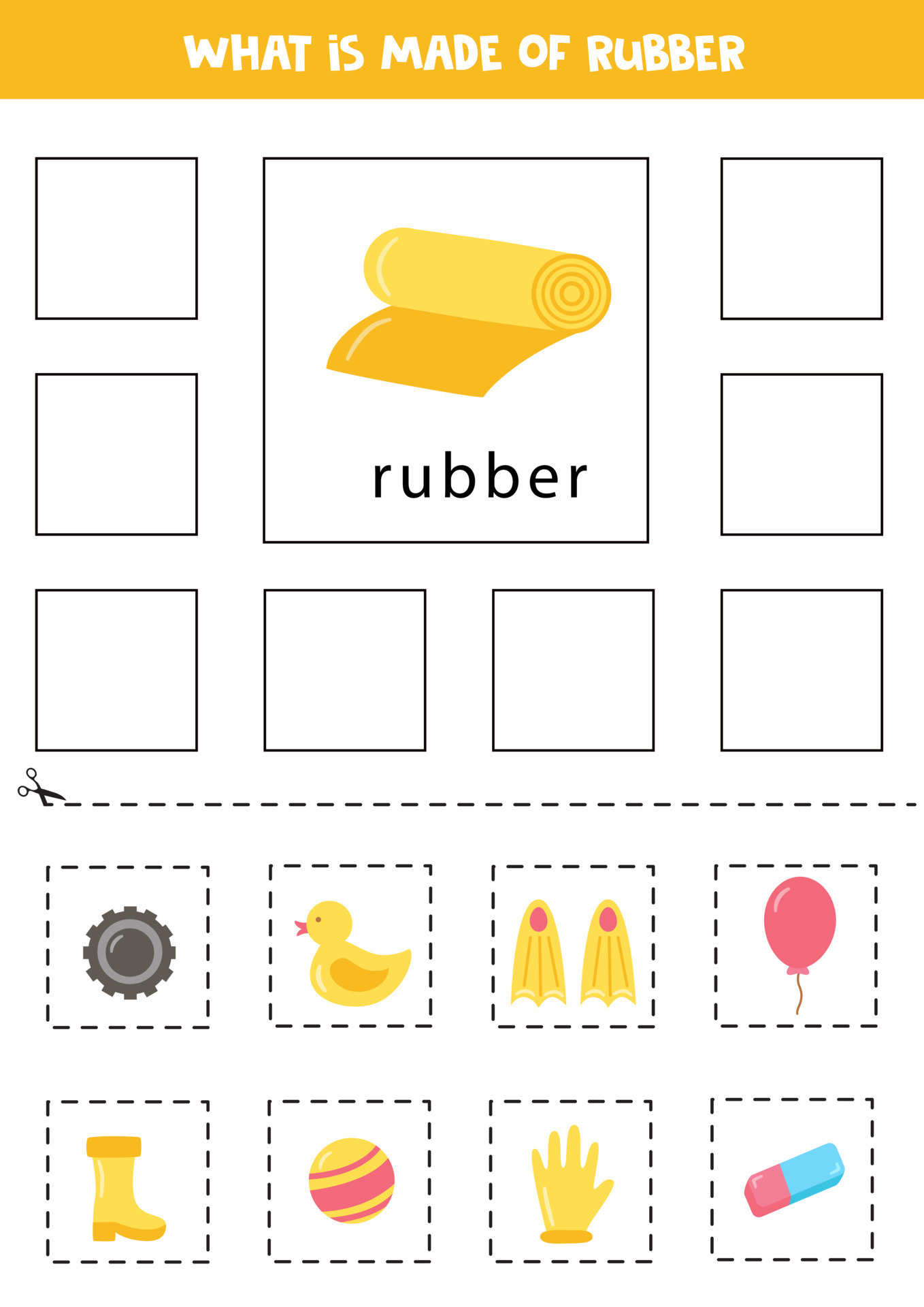 What is made of rubber. Learning materials. Educational cards. Cut and