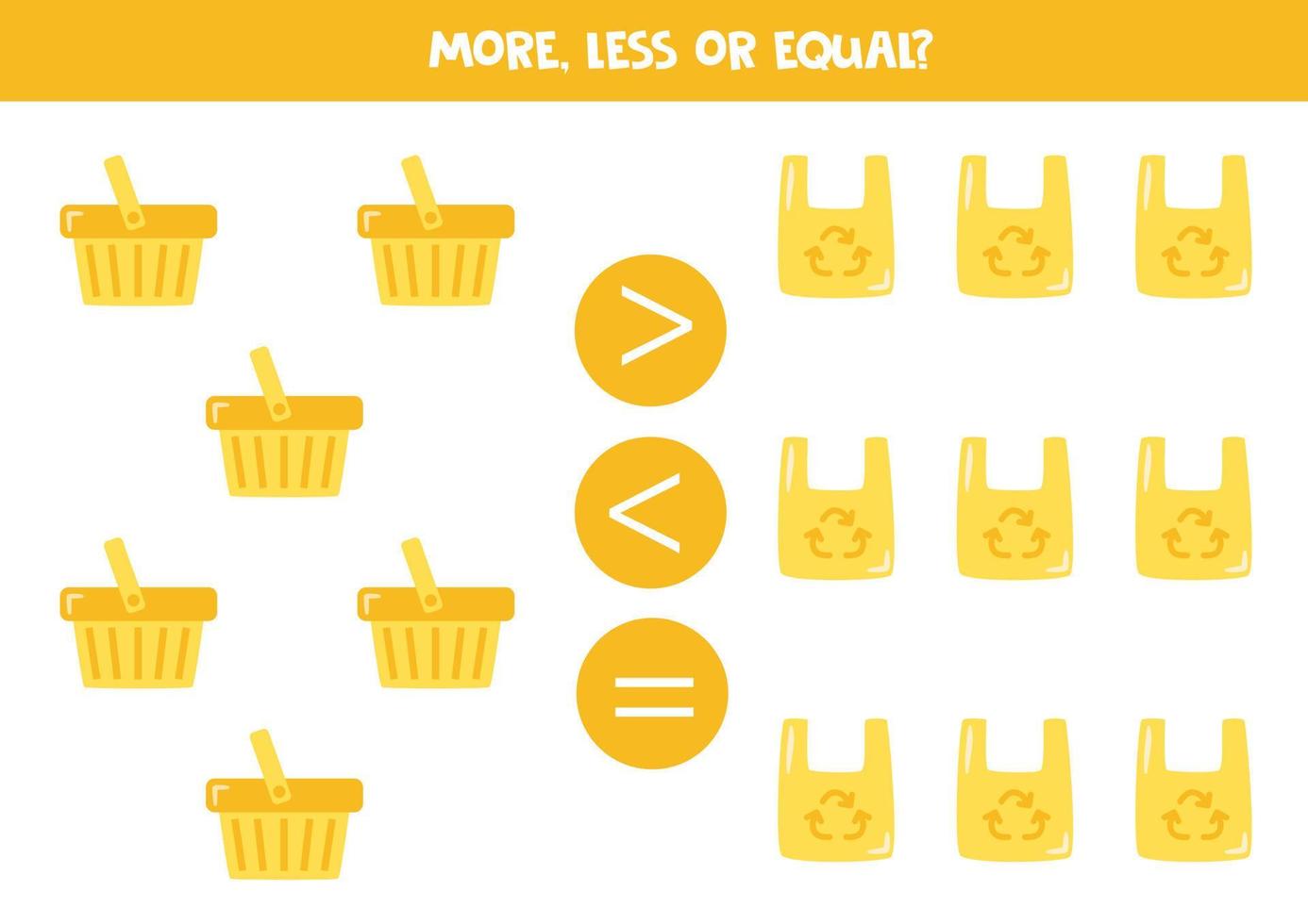 More, less, equal with shopping baskets and plastic bags. vector