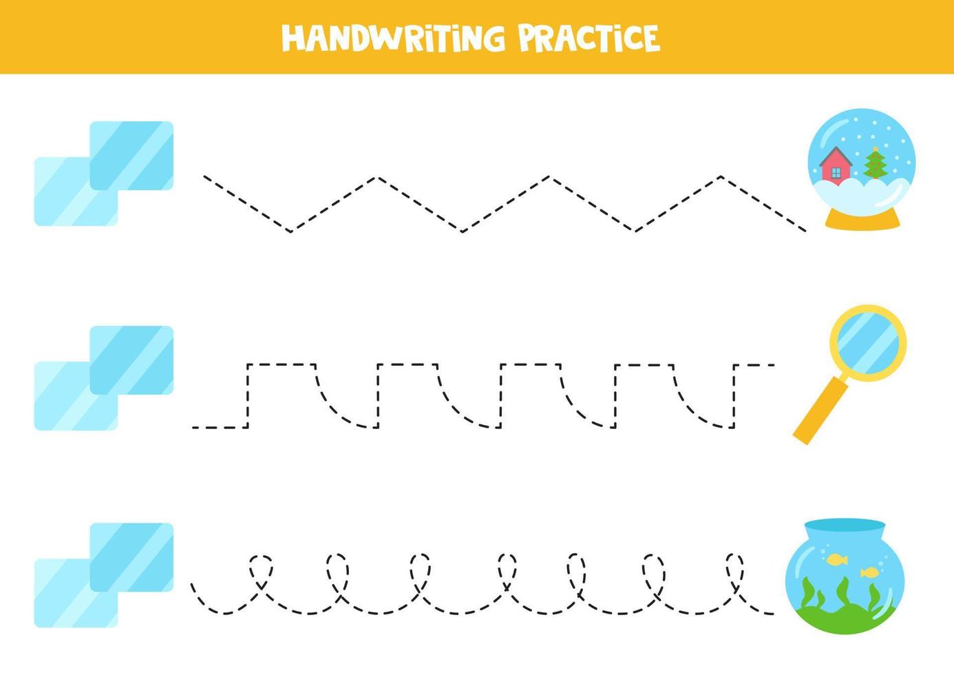 Tracing lines with glass objects. Writing practice. vector