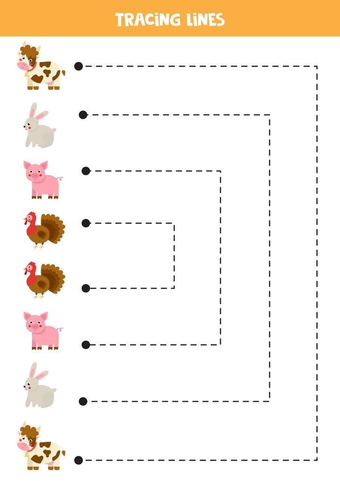 Tracing lines for kids. Cute cartoon farm animals. Writing practice. vector