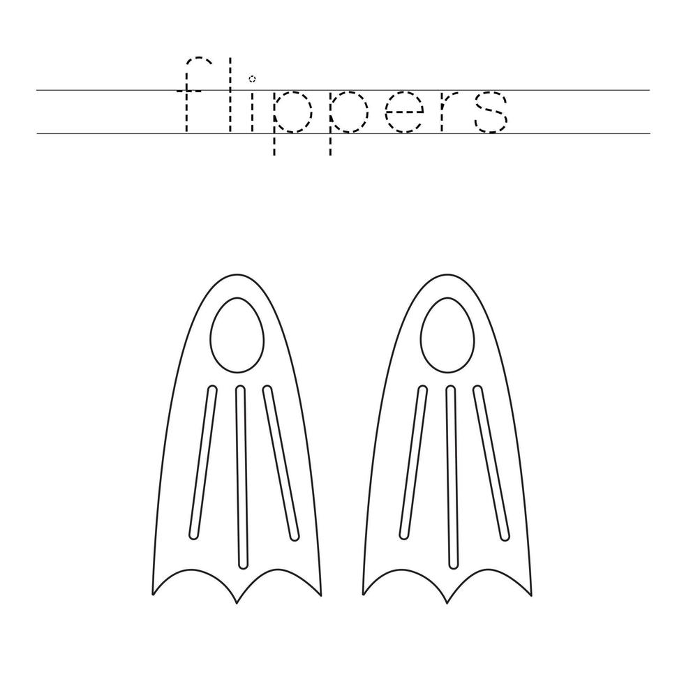 Trace the letters and color cartoon flippers. Handwriting practice for kids. vector