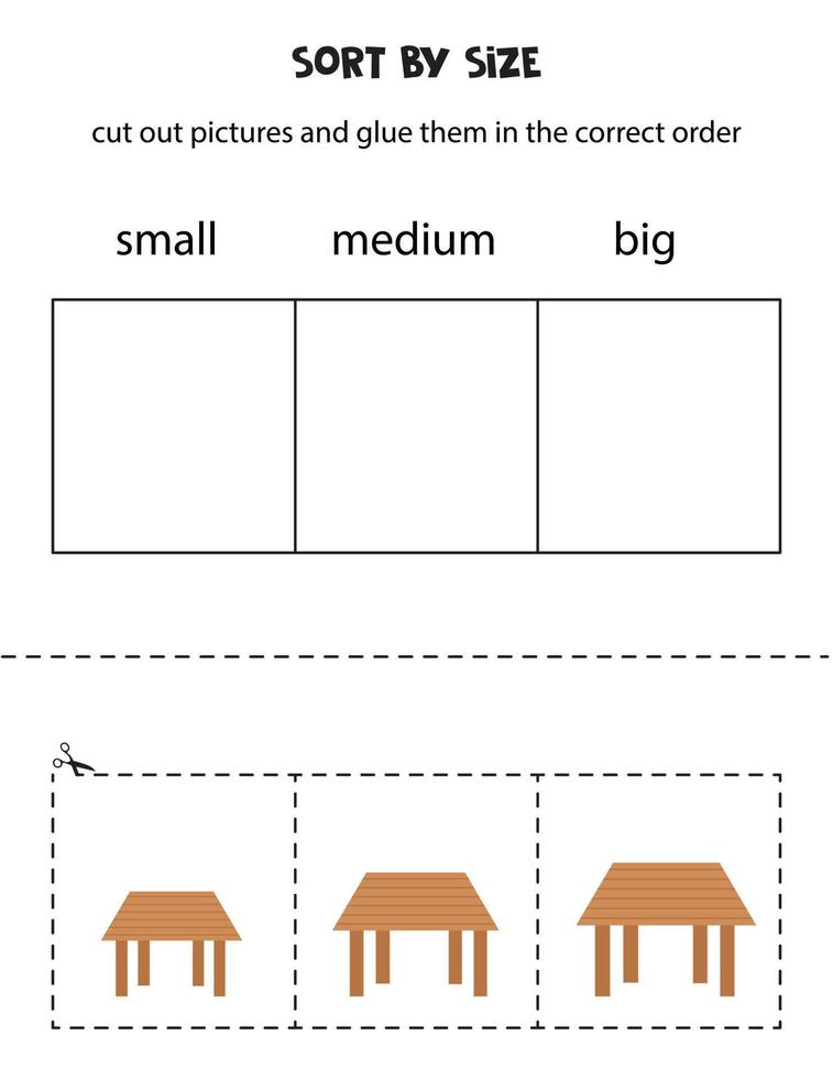 Sort wooden tables by size. Educational worksheet for kids. vector