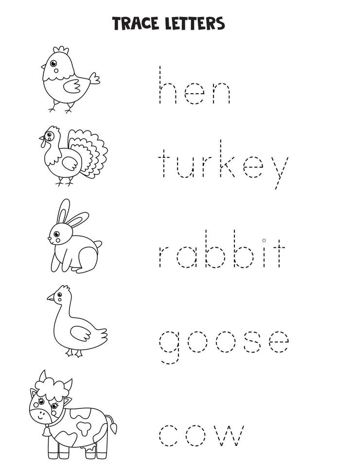 Trace words. Educational game for kids. Farm animals. vector