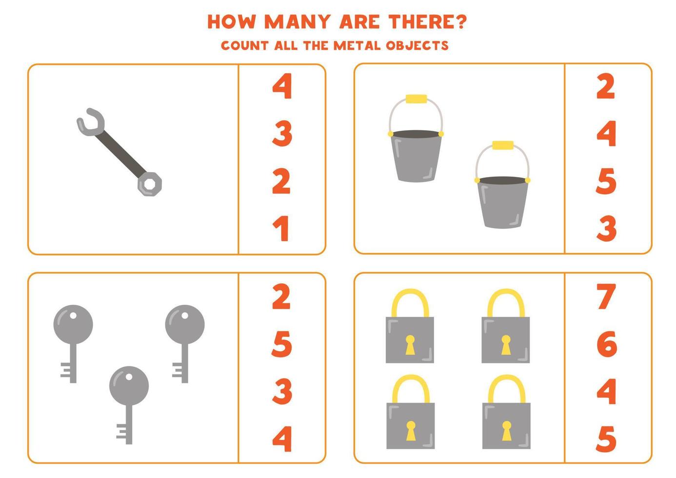 Counting game with cartoon metal objects. Educational worksheet. vector