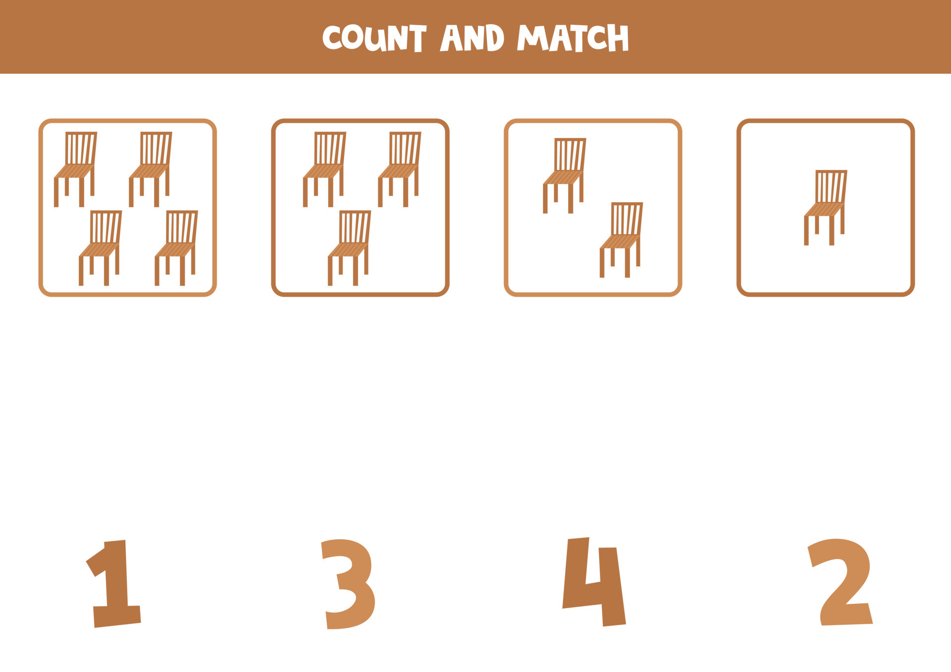 Counting game for kids. Count all wooden chairs and match with numbers