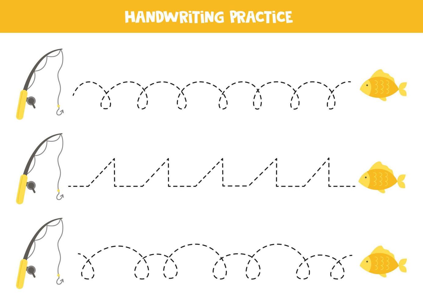 Tracing lines for kids. Fishing rod and fish. Writing practice. vector