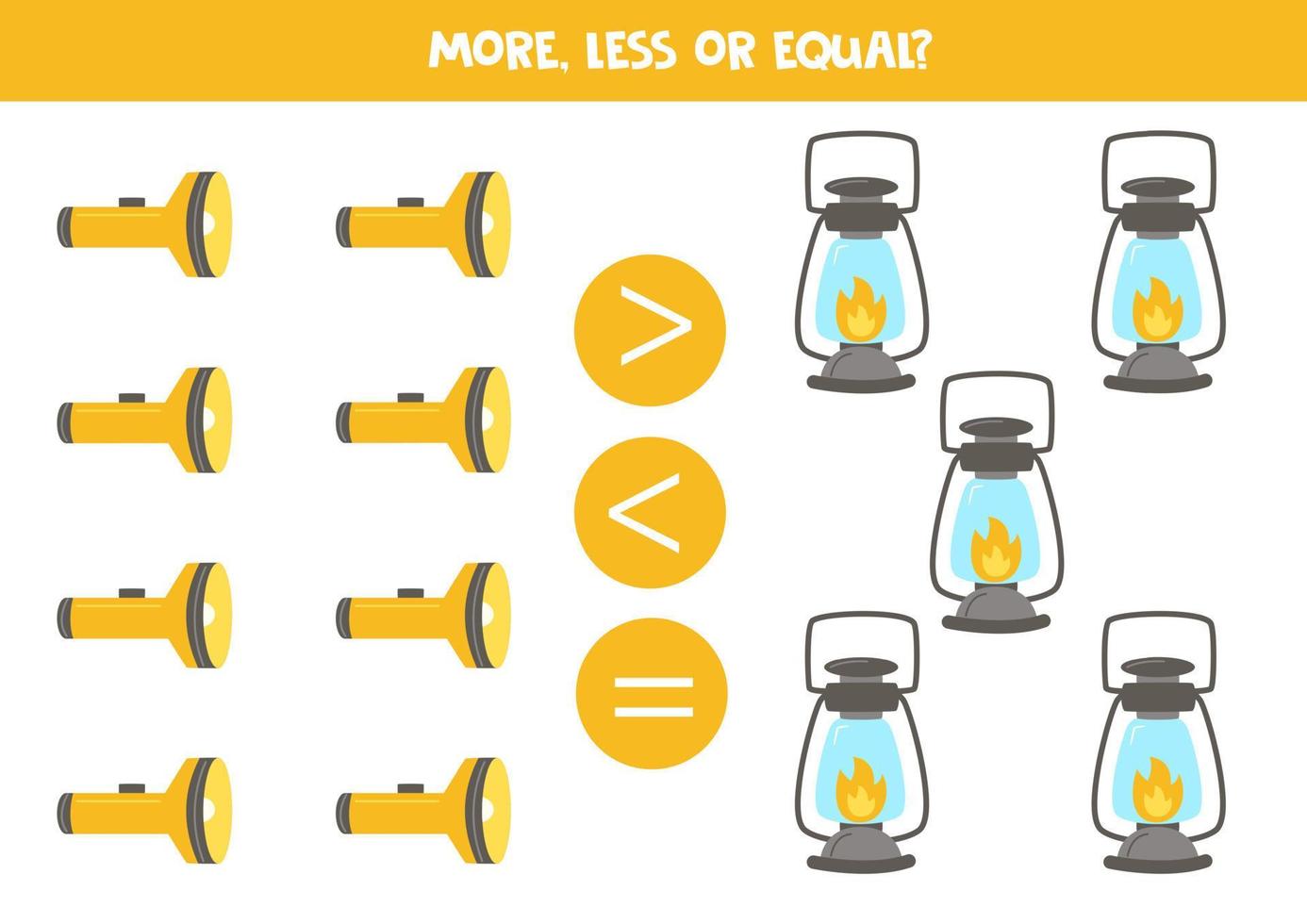More, less, equal with flashlights and lanterns. vector