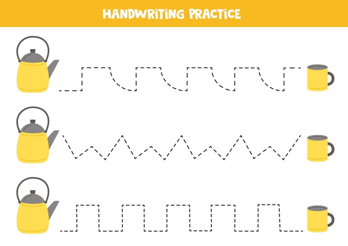 Tracing lines for kids. Kettle and mug. Writing practice. vector