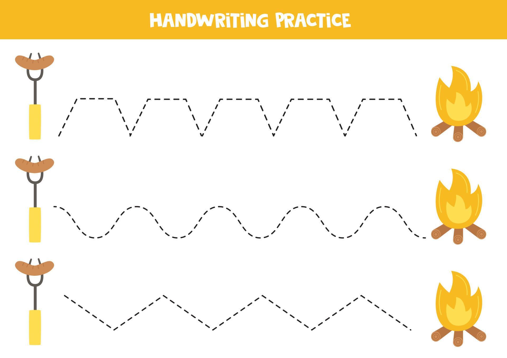 Tracing lines for kids. Grilled sausage and campfire. Writing practice