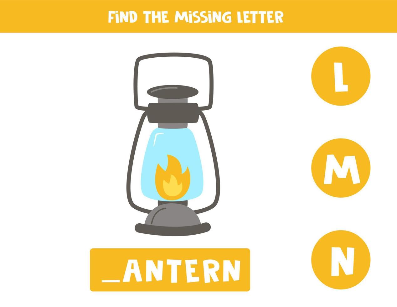 Find missing letter with camping lantern. Spelling worksheet. vector