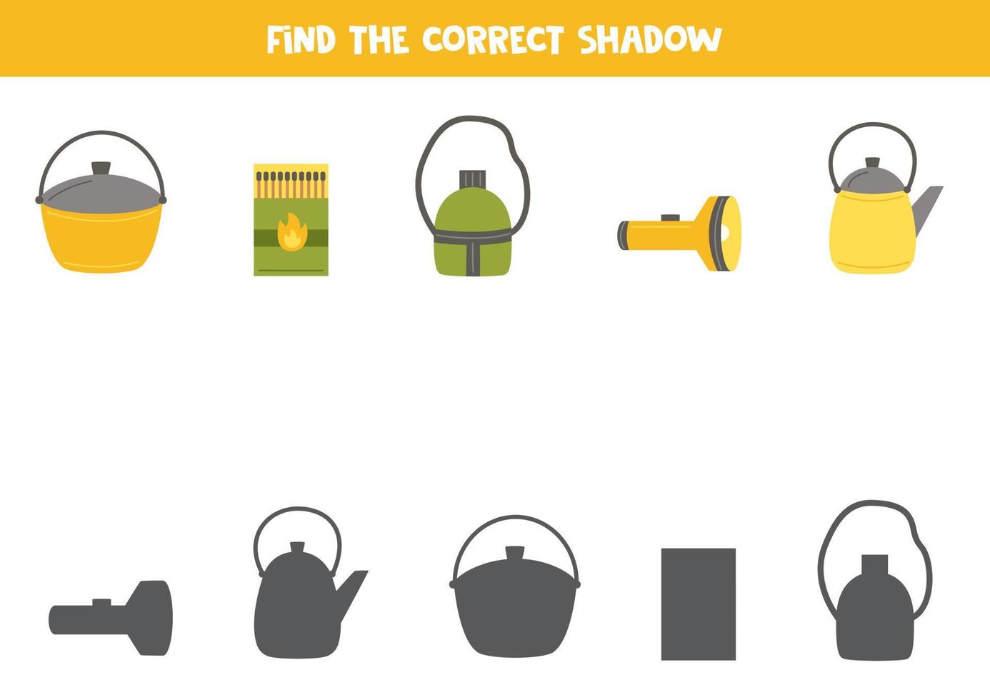 Find the correct shadows of cartoon camping elements. Logical puzzle for kids. vector