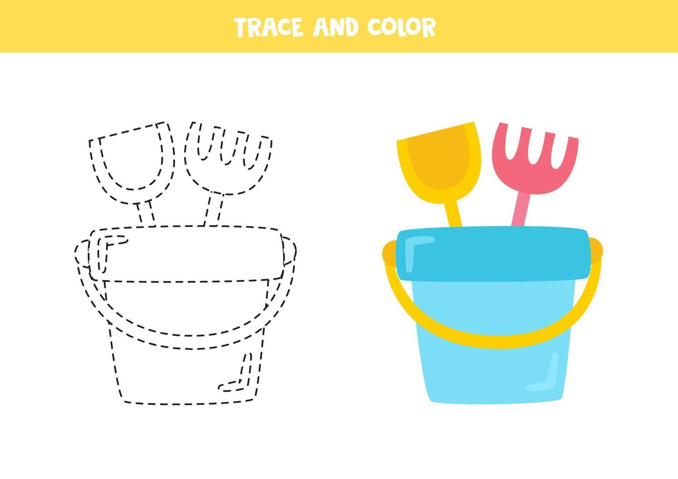 Trace and color cartoon pail. Worksheet for children. vector