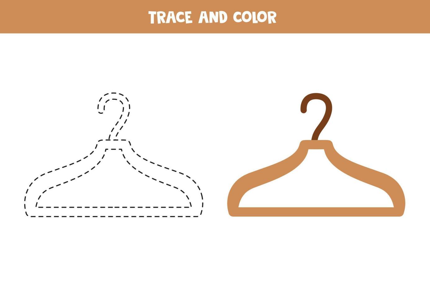 Trace and color cartoon wooden cloth hanger. Worksheet for children. vector